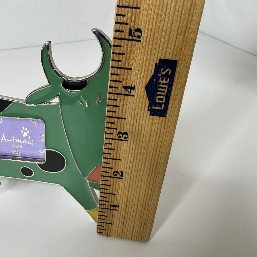 Green Cow Metal Enamel Picture Frame Standing‎ 2 x 1.5” Whimsical Nursery Farm
